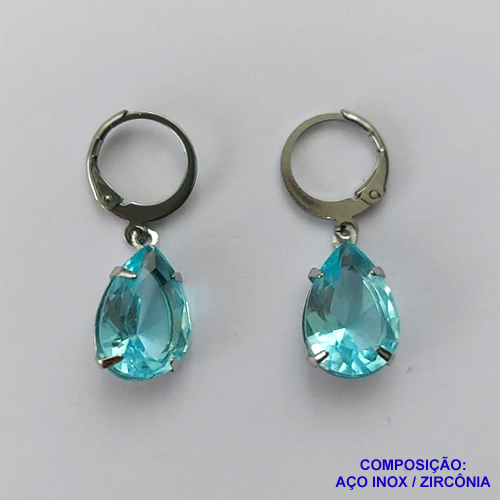 BRINCO EM AÇO INOXIDÁVEL -  BRINCOS ARGOLAS DE PRESSÃO COM PINGENTES EM ZIRCÔNIAS AZUIS CLARAS 10X14MM - COMPOSIÇÃO: AÇO INOXIDÁVEL - AÇO1684