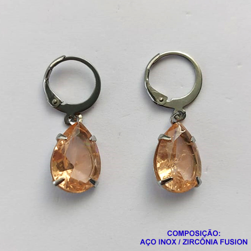 BRINCO EM AÇO INOXIDÁVEL - BRINCOS ARGOLAS DE PRESSÃO COM PINGENTES EM ZIRCÔNIAS FUSION SALMÃO 10X14MM - COMPOSIÇÃO: AÇO INOXIDÁVEL - AÇO1687
