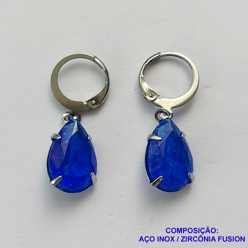 BRINCO EM AÇO INOXIDÁVEL - BRINCOS ARGOLAS DE PRESSÃO COM PINGENTES EM ZIRCÔNIAS FUSION AZUIS 10X14MM - COMPOSIÇÃO: AÇO INOXIDÁVEL - AÇO1688