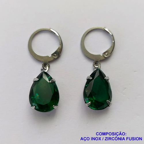 BRINCO EM AÇO INOXIDÁVEL - BRINCOS ARGOLAS DE PRESSÃO COM PINGENTES EM ZIRCÔNIAS FUSION VERDES 10X14MM - COMPOSIÇÃO: AÇO INOXIDÁVEL - AÇO1690