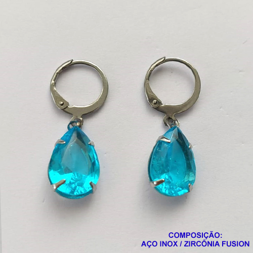BRINCO EM AÇO INOXIDÁVEL - BRINCOS ARGOLAS DE PRESSÃO COM PINGENTES EM ZIRCÔNIAS FUSION AZUIS 10X14MM - COMPOSIÇÃO: AÇO INOXIDÁVEL - AÇO1692