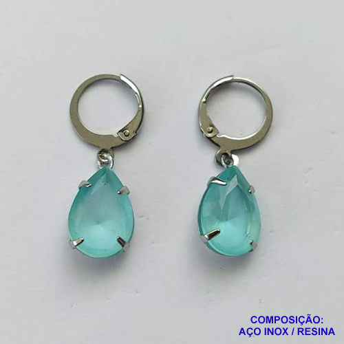 BRINCO EM AÇO INOXIDÁVEL - BRINCOS ARGOLAS DE PRESSÃO COM PINGENTES EM RESINAS AZUIS CLARAS 10X14MM - COMPOSIÇÃO: AÇO INOXIDÁVEL - AÇO1695