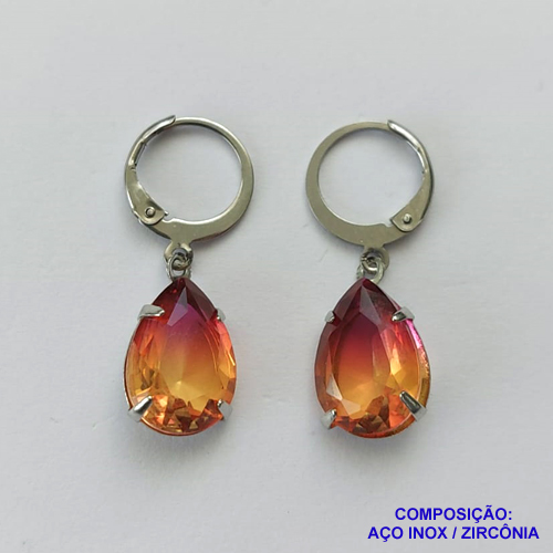 BRINCO EM AÇO INOXIDÁVEL - BRINCOS ARGOLAS DE PRESSÃO COM PINGENTES EM ZIRCÔNIAS RAIMBOW 10X14MM - COMPOSIÇÃO: AÇO INOXIDÁVEL - AÇO1704