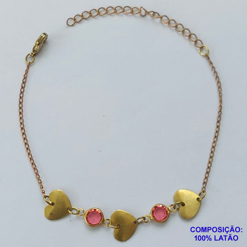 PULSEIRA NO BRUTO PRONTO PARA O BANHO - (CX100) PULSEIRA COM CORAÇÕES E STRASS - TAMANHO 18CM - PESO 1.2GR - COM EXTENSOR E FECHO LAGOSTA - BRU13950
