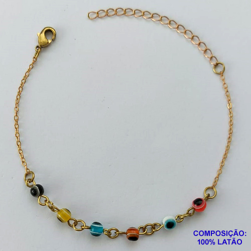 PULSEIRA NO BRUTO PRONTO PARA O BANHO - (CX100) PULSEIRA COM OLHOS GREGOS COLORIDOS - TAMANHO 18CM - PESO 1.5GR - COM EXTENSOR E FECHO LAGOSTA - BRU13951