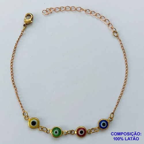 PULSEIRA NO BRUTO PRONTO PARA O BANHO - (CX100) PULSEIRA COM OLHOS GREGOS COLORIDOS - TAMANHO 18CM - PESO 1,7GR - COM EXTENSOR E FECHO LAGOSTA - BRU13955