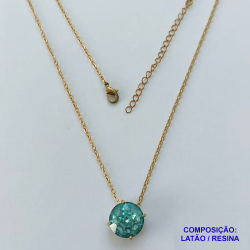 GARGANTILHA NO BRUTO PRONTA PARA O BANHO CORRENTE CADEADO DE 45CM BASE ALTA FUSÃO PEDRA RESINA REDONDA AZUL CLARA 12MM  - PESO TOTAL 2,8GR  - BRU13964