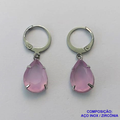 BRINCO EM AÇO INOXIDÁVEL - BRINCOS ARGOLAS DE PRESSÃO COM PINGENTES EM ZIRCÔNIAS ROSA 10X14MM - COMPOSIÇÃO: AÇO INOXIDÁVEL - AÇO1707