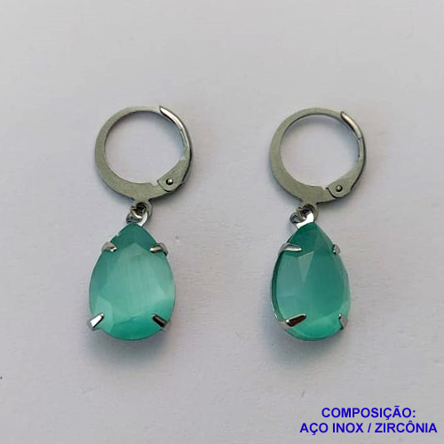 BRINCO EM AÇO INOXIDÁVEL - BRINCOS ARGOLAS DE PRESSÃO COM PINGENTES EM ZIRCÔNIAS VERDES 10X14MM - COMPOSIÇÃO: AÇO INOXIDÁVEL - AÇO1708