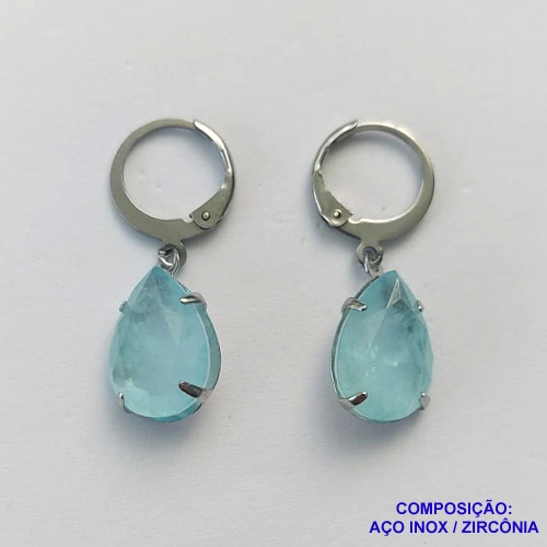 BRINCO EM AÇO INOXIDÁVEL - BRINCOS ARGOLAS DE PRESSÃO COM PINGENTES EM ZIRCÔNIAS AZUIS CLAROS 10X14MM - COMPOSIÇÃO: AÇO INOXIDÁVEL - AÇO1709
