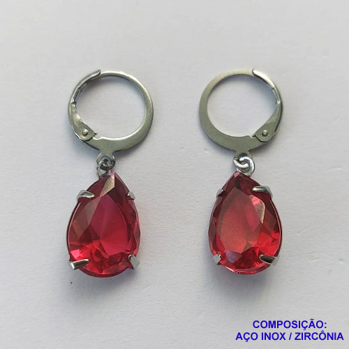 BRINCO EM AÇO INOXIDÁVEL - BRINCOS ARGOLAS DE PRESSÃO COM PINGENTES EM ZIRCÔNIAS VERMELHOS 10X14MM - COMPOSIÇÃO: AÇO INOXIDÁVEL - AÇO1710