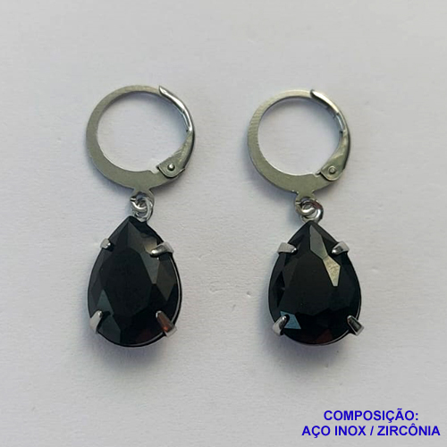 BRINCO EM AÇO INOXIDÁVEL - BRINCOS ARGOLAS DE PRESSÃO COM PINGENTES EM ZIRCÔNIAS PRETOS 10X14MM - COMPOSIÇÃO: AÇO INOXIDÁVEL - AÇO1711