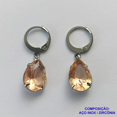 BRINCO EM AÇO INOXIDÁVEL - BRINCOS ARGOLAS DE PRESSÃO COM PINGENTES EM ZIRCÔNIAS SALMÃO 10X14MM - COMPOSIÇÃO: AÇO INOXIDÁVEL - AÇO1713