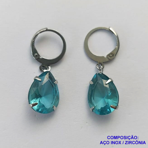 BRINCO EM AÇO INOXIDÁVEL - BRINCOS ARGOLAS DE PRESSÃO COM PINGENTES EM ZIRCÔNIAS AZUIS 10X14MM - COMPOSIÇÃO: AÇO INOXIDÁVEL - AÇO1714