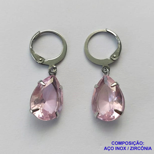 BRINCO EM AÇO INOXIDÁVEL - BRINCOS ARGOLAS DE PRESSÃO COM PINGENTES EM ZIRCÔNIAS ROSAS 10X14MM - COMPOSIÇÃO: AÇO INOXIDÁVEL - AÇO1715