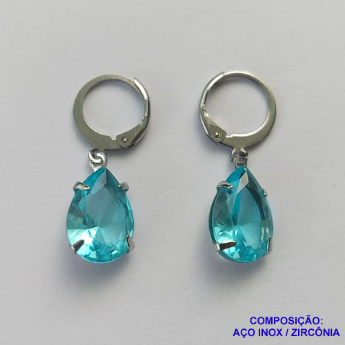 BRINCO EM AÇO INOXIDÁVEL - BRINCOS ARGOLAS DE PRESSÃO COM PINGENTES EM ZIRCÔNIAS AZUIS CLARAS 10X14MM - COMPOSIÇÃO: AÇO INOXIDÁVEL - AÇO1717