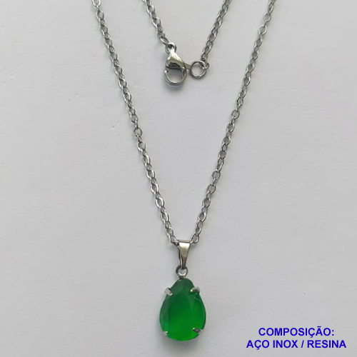 GARGANTILHA EM AÇO INOXIDÁVEL - (AÇO03) CORRENTE 50CM COM FECHO LAGOSTA E PINGENTE EM RESINA VERDES 10X14MM - COMPOSIÇÃO: AÇO INOXIDÁVEL - AÇO1719