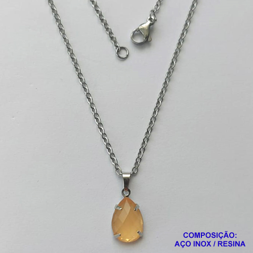 GARGANTILHA EM AÇO INOXIDÁVEL - (AÇO03) CORRENTE 50CM COM FECHO LAGOSTA E PINGENTE EM RESINA SALMÃO 10X14MM - COMPOSIÇÃO: AÇO INOXIDÁVEL - AÇO1720