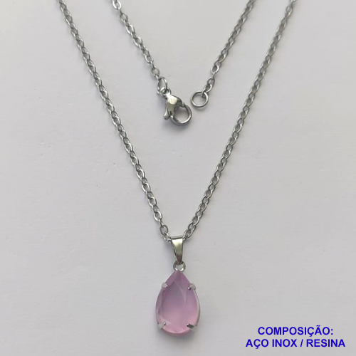 GARGANTILHA EM AÇO INOXIDÁVEL - (AÇO03) CORRENTE 50CM COM FECHO LAGOSTA E PINGENTE EM RESINA ROSA 10X14MM - COMPOSIÇÃO: AÇO INOXIDÁVEL - AÇO1721