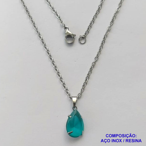 GARGANTILHA EM AÇO INOXIDÁVEL - (AÇO03) CORRENTE 50CM COM FECHO LAGOSTA E PINGENTE EM RESINA AZUL 10X14MM - COMPOSIÇÃO: AÇO INOXIDÁVEL - AÇO1722