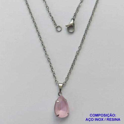GARGANTILHA EM AÇO INOXIDÁVEL - (AÇO03) CORRENTE 50CM COM FECHO LAGOSTA E PINGENTE EM RESINA ROSA 10X14MM - COMPOSIÇÃO: AÇO INOXIDÁVEL - AÇO1724