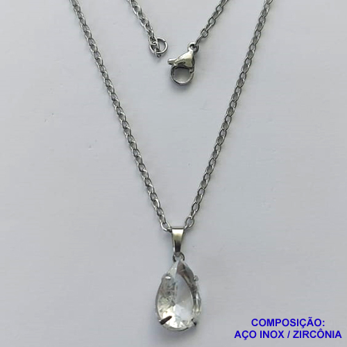 GARGANTILHA EM AÇO INOXIDÁVEL - (AÇO03) CORRENTE 50CM COM FECHO LAGOSTA E PINGENTE EM ZIRCÔNIA FUSION CRISTAL 10X14MM - COMPOSIÇÃO: AÇO INOXIDÁVEL - AÇO1725
