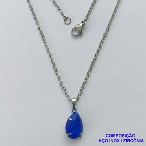 GARGANTILHA EM AÇO INOXIDÁVEL - (AÇO03) CORRENTE 50CM COM FECHO LAGOSTA E PINGENTE EM ZIRCÔNIA FUSION AZUL 10X14MM - COMPOSIÇÃO: AÇO INOXIDÁVEL - AÇO1728