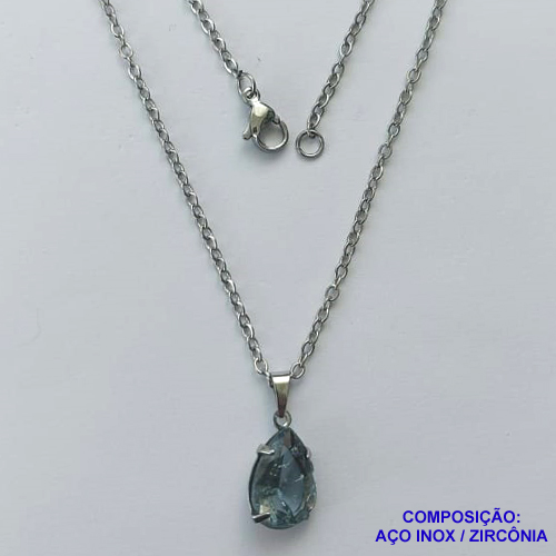 GARGANTILHA EM AÇO INOXIDÁVEL - (AÇO03) CORRENTE 50CM COM FECHO LAGOSTA E PINGENTE EM ZIRCÔNIA FUSION CINZA 10X14MM - COMPOSIÇÃO: AÇO INOXIDÁVEL - AÇO1729