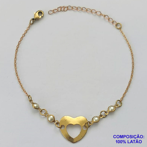 PULSEIRA NO BRUTO PRONTO PARA O BANHO - (CX.50)  PULSEIRA COM PÉROLAS E CORAÇÃO VAZADOS - TAMANHO 18CM - PESO 1.9GR - COM EXTENSOR E FECHO LAGOSTA - BRU13969