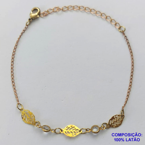PULSEIRA NO BRUTO PRONTO PARA O BANHO(CX101) - PULSEIRA COM STRASS E FOLHAS - TAMANHO 18CM - PESO 1,4GR - COM EXTENSOR E FECHO LAGOSTA - BRU13970