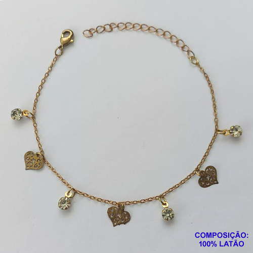 PULSEIRA NO BRUTO PRONTO PARA O BANHO - (CX.50) PULSEIRA COM STRASS E CORAÇÕES - TAMANHO 18CM - PESO 1,8GR - COM EXTENSOR E FECHO LAGOSTA - BRU13974