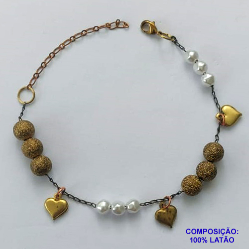 PULSEIRA NO BRUTO PRONTO PARA O BANHO(CX101) - PULSEIRA COM PÉROLAS BARROCAS, CORAÇÕES E BOLINHAS COM BRILHOS - TAMANHO 18CM - PESO 4,7GR - COM EXTENSOR E FECHO LAGOSTA - BRU13980