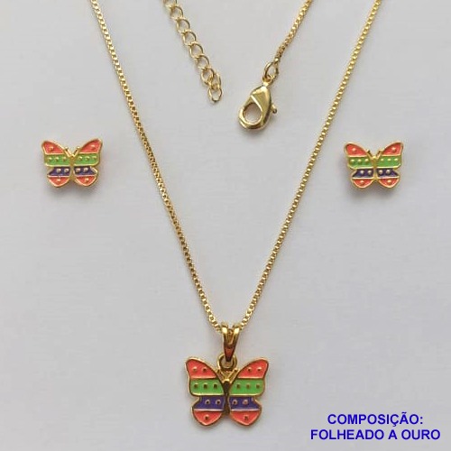 CONJUNTO FOLHEADO A OURO(CJL418) - BANHADO COM 5 MILÉSIMOS + VERNIZ DIAMOND - CONJUNTO INFANTIL COM CORRENTE VENEZIANA 45CM E BRINCOS DE PINO COM PINGENTES DE BORBOLETA 8MM - OURO240