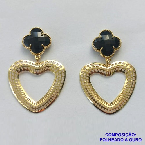 BRINCO FOLHEADO A OURO (BR2200D)- BANHADO COM 5 MILÉSIMOS + VERNIZ DIAMOND -  BRINCO DE PINO VAN CLEEF PRETO COM CORAÇÃO VAZADO 40MM - OURO244