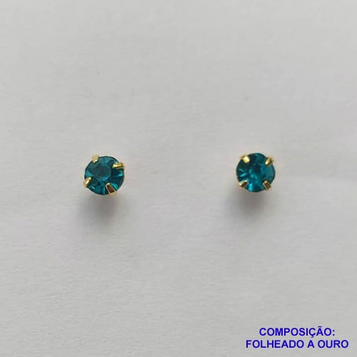 BRINCO FOLHEADO A OURO (BRD5520)- BANHADO COM 5 MILÉSIMOS + VERNIZ DIAMOND -  BRINCO DE PINO STRASS AZUL CLARO 3MM - OURO253