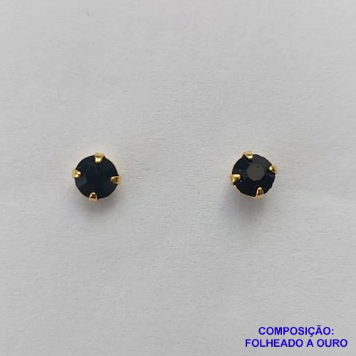 BRINCO FOLHEADO A OURO (BRD5520)- BANHADO COM 5 MILÉSIMOS + VERNIZ DIAMOND -  BRINCO DE PINO STRASS PRETO 3MM - OURO256