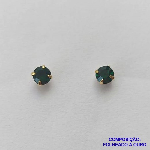 BRINCO FOLHEADO A OURO (BRD5520)- BANHADO COM 5 MILÉSIMOS + VERNIZ DIAMOND -  BRINCO DE PINO STRASS VERDE 3MM - OURO258