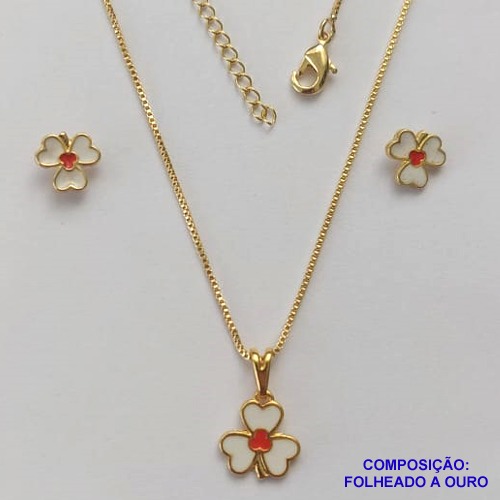 CONJUNTO FOLHEADO A OURO(CJI288) - BANHADO COM 5 MILÉSIMOS + VERNIZ DIAMOND - CONJUNTO INFANTIL COM CORRENTE VENEZIANA 45CM E BRINCOS DE PINO COM PINGENTES DE FLORZINHA- OURO260