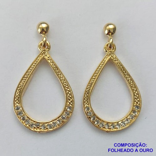 BRINCO FOLHEADO A OURO - BANHADO COM 5 MILÉSIMOS + VERNIZ DIAMOND -  BRINCO DE PINO FORMATO GOTA COM MICRO ZIRCÔNIAS 17MM - OURO264
