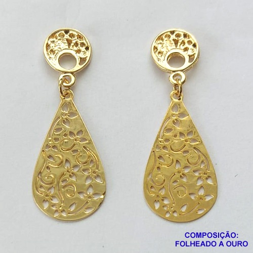 BRINCO FOLHEADO A OURO - BANHADO COM 5 MILÉSIMOS + VERNIZ DIAMOND -  BRINCO DE PINO BASE DESENHADO E GOTA VAZADA 14MM - OURO266