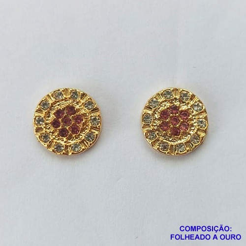 BRINCO FOLHEADO A OURO - BANHADO COM 5 MILÉSIMOS + VERNIZ DIAMOND -  BRINCO DE PINO REDONDO COM MICRO ZIRCÔNIAS 13MM - OURO272