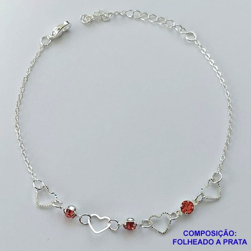 PULSEIRA FOLHEADA A PRATA COM 50 MILÉSIMOS + VERNIZ DIAMOND - PULSEIRA COM CORAÇÕES VAZADOS E STRASS ROSA - TAMANHO: 18CM + EXTENSOR E  FECHO LAGOSTA PRA097