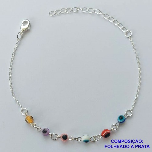 PULSEIRA FOLHEADA A PRATA COM 50 MILÉSIMOS + VERNIZ DIAMOND - PULSEIRA COM OLHOS GREGOS COLORIDOS  - TAMANHO: 15CM + EXTENSOR E  FECHO LAGOSTA PRA098