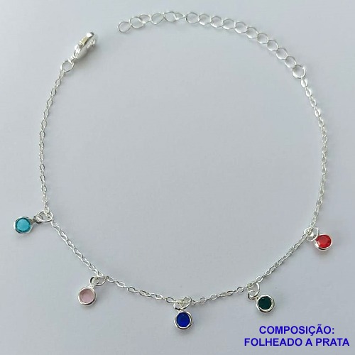 PULSEIRA FOLHEADA A PRATA COM 50 MILÉSIMOS + VERNIZ DIAMOND - PULSEIRA COM PEDRAS CRISTAIS COLORIDAS  - TAMANHO: 16CM + EXTENSOR E  FECHO LAGOSTA PRA099