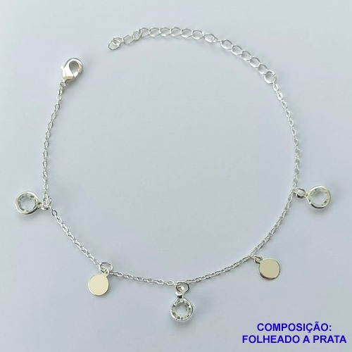 PULSEIRA FOLHEADA A PRATA COM 50 MILÉSIMOS + VERNIZ DIAMOND - PULSEIRA COM PEDRAS CRISTAIS E BOLINHAS LISAS - TAMANHO: 16CM + EXTENSOR E  FECHO LAGOSTA PRA100