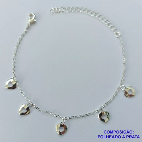 PULSEIRA FOLHEADA A PRATA COM 50 MILÉSIMOS + VERNIZ DIAMOND - PULSEIRA COM CORAÇÕES VAZADOS  - TAMANHO: 16CM + EXTENSOR E  FECHO LAGOSTA PRA101