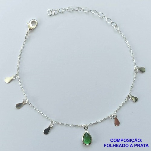 PULSEIRA FOLHEADA A PRATA COM 50 MILÉSIMOS + VERNIZ DIAMOND - PULSEIRA COM GOTAS E PEDRA CRISTAL VERDE  - TAMANHO: 16CM + EXTENSOR E  FECHO LAGOSTA PRA103