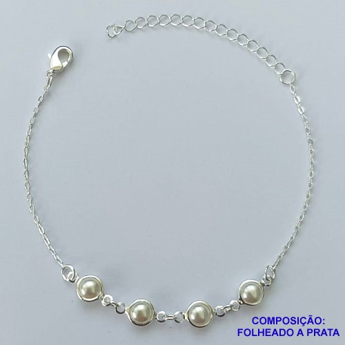 PULSEIRA FOLHEADA A PRATA COM 50 MILÉSIMOS + VERNIZ DIAMOND - PULSEIRA COM BOLINHAS EM PÉROLAS  - TAMANHO: 16CM + EXTENSOR E  FECHO LAGOSTA PRA104