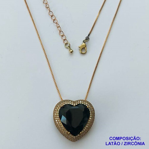 GARGANTILHA NO BRUTO PRONTA PARA O BANHO(CX101) CORRENTE VENEZIANA DE 45CM  PEDRA DE ZIRCÔNIA PRETA FORMATO CORAÇÃO E MICRO ZIRCÔNIAS 24MM  - PESO TOTAL 9,5GR  - BRU13986