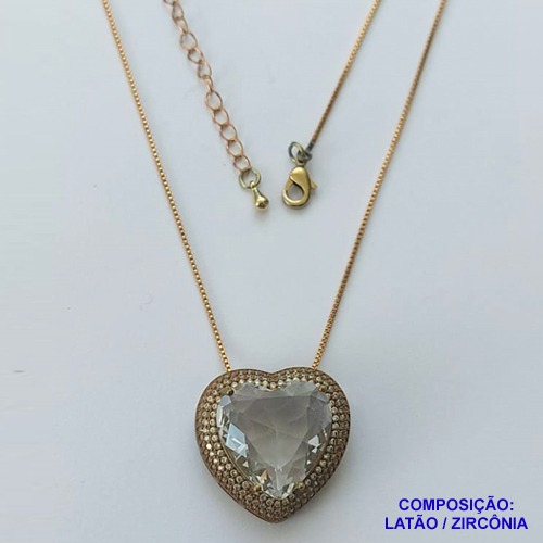 GARGANTILHA NO BRUTO PRONTA PARA O BANHO CORRENTE(CX101) VENEZIANA DE 45CM  PEDRA DE ZIRCÔNIA CRISTAL FORMATO CORAÇÃO E MICRO ZIRCÔNIAS 24MM  - PESO TOTAL 9,5GR  - BRU13987